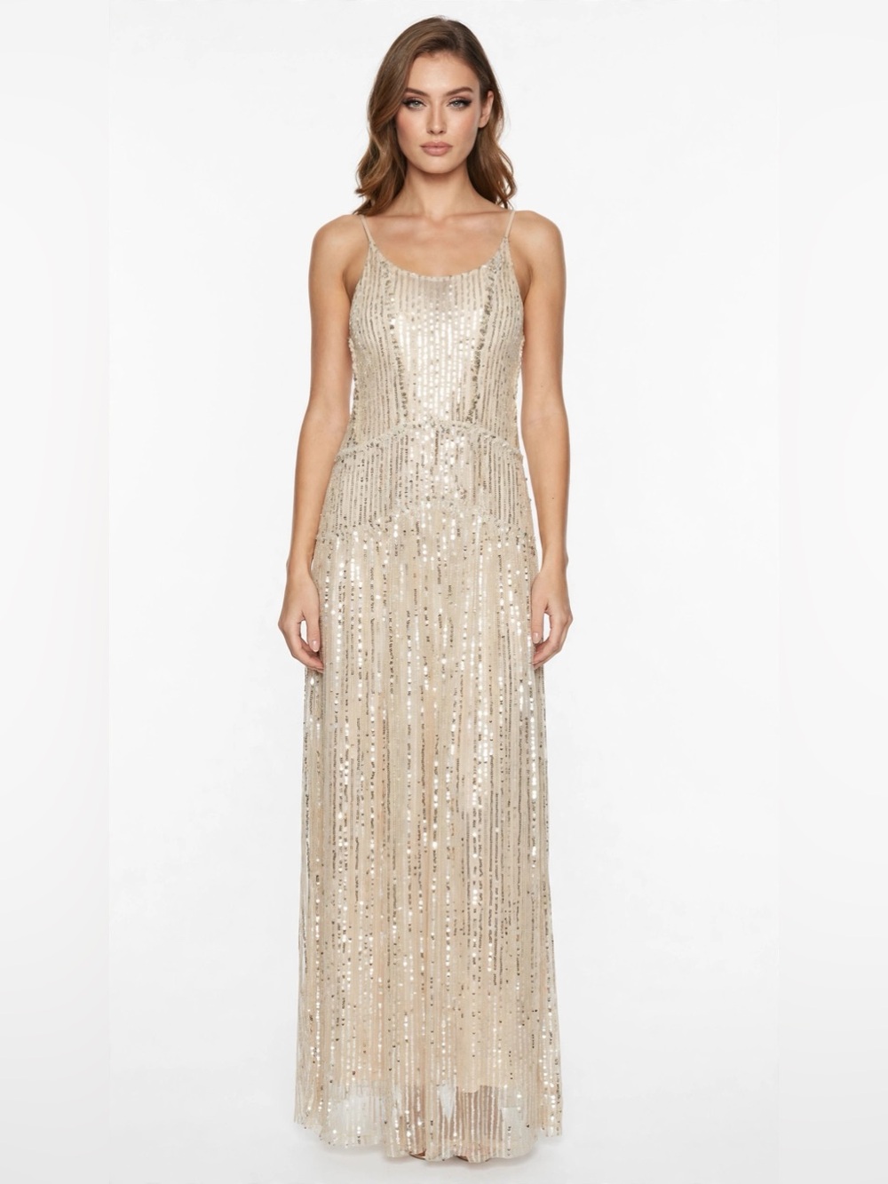 Zara Champagne Sequin Spaghetti-Strap Maxi Dress PTP 17-22 L 48